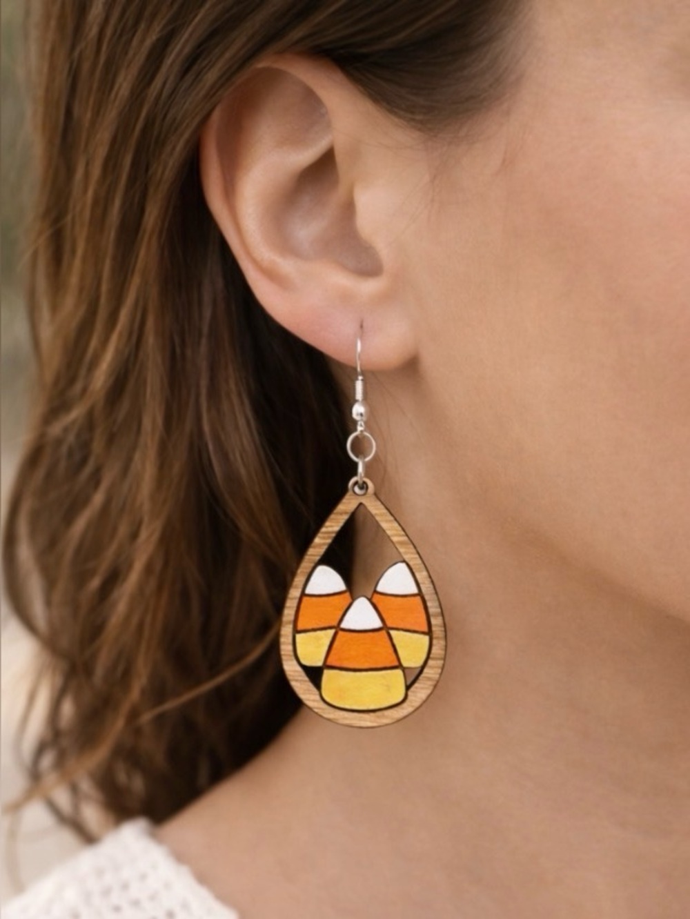 Handmade Wooden Candy Corn Teardrop Dangle Earrings Hand Painted Halloween Fall
